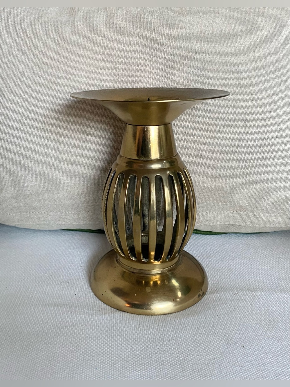 Vintage Brass Pillar Candle Holder Caged Slatted Design Hollywood Regency 6.5”